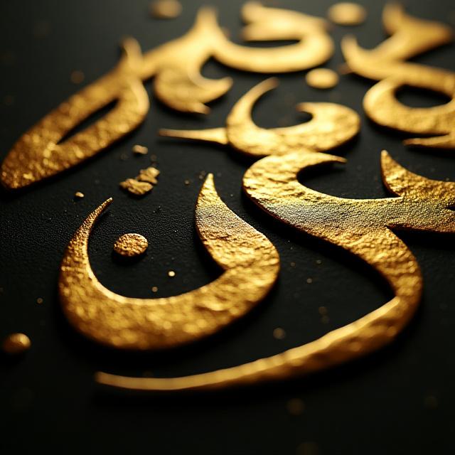 Dettaglio di calligrafia in foglia oro su sfondo nero